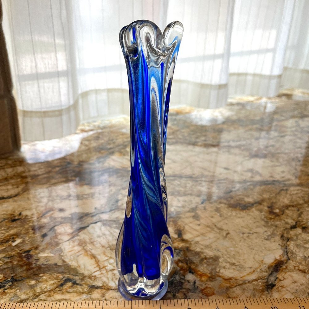 Art Glass Cobalt Blue Bud Vase 10"